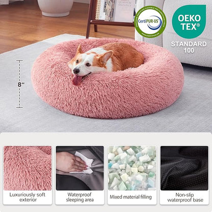 Donut Dog Bed Medium Size Dog, Round Cat Beds for Small Medium Dogs and Cats with Washable Fluffy Faux Fur, Cute Comfort Pet Bed with Anti-Slip Bottom, Pink, 30"