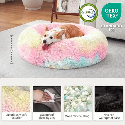 Donut Dog Bed Medium Size Dog, Round Cat Beds for Small Medium Dogs and Cats with Washable Fluffy Faux Fur, Cute Comfort Pet Bed with Anti-Slip Bottom, Rainbow, 30"