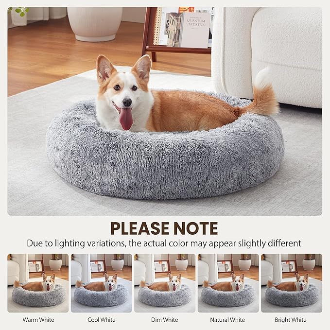 Donut Dog Bed Medium Size Dog 30 Inch, Round Cat Beds for Small Medium Dogs and Cats with Washable Fluffy Faux Fur, Cute Comfort Pet Bed with Anti-Slip Bottom, Grey