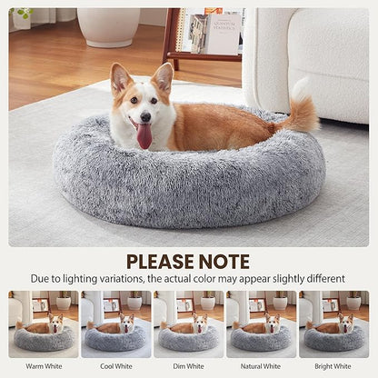 Donut Dog Bed Medium Size Dog 30 Inch, Round Cat Beds for Small Medium Dogs and Cats with Washable Fluffy Faux Fur, Cute Comfort Pet Bed with Anti-Slip Bottom, Grey