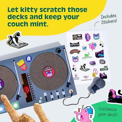 DJ Scratchpad by Relatable, Enrichment Cat Toys And Kitten Toys For Your Furry Friends, Cat Tree Essentials, Includes Box With 2 Scratch Wheels, 1 Plastic Ball With Bell, And Attached Microphone Plush