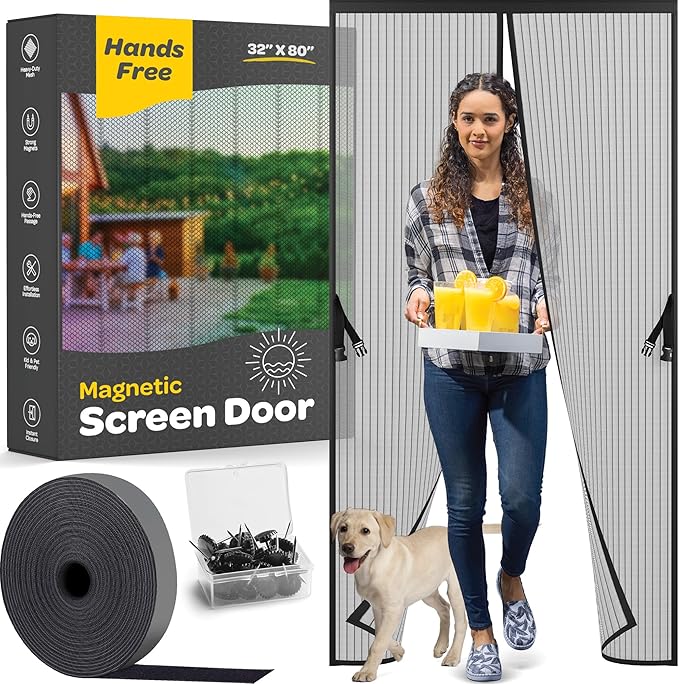 Hands-Free Magnetic Screen Door, Heavy Duty, Self Sealing Screen Door Mesh Protector, Pet and Kid-Friendly, Stay-Open Buckle, Keeps Bugs Out While Letting Nature in, Fits Door Size (32" x 80")