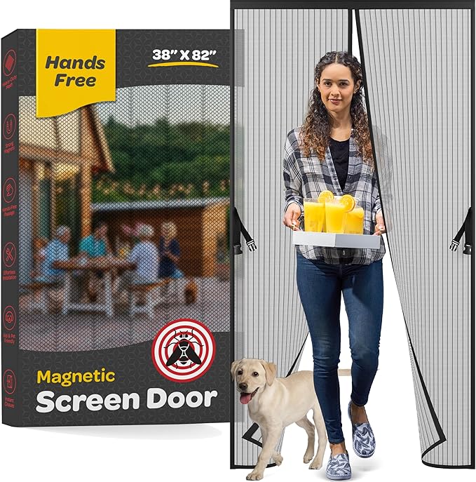 Magnetic Screen Door, Hands-Free Kid/Pet-Friendly Walk Through - Self Magnetic Closure Screen Door Mesh, Stay-Open Option with Buckles - Keeps Bugs Out Lets Breeze in, Fits Door Size (39.4" x 82.7")
