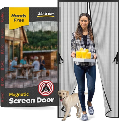 Magnetic Screen Door, Hands-Free Kid/Pet-Friendly Walk Through - Self Magnetic Closure Screen Door Mesh, Stay-Open Option with Buckles - Keeps Bugs Out Lets Breeze in, Fits Door Size (39.4" x 82.7")