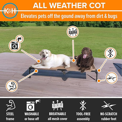 K&H Outdoor Elevated Dog Bed - Cooling Raised Dog Bed for Large & Extra-Large Pets, Breathable Mesh Hammock Design, Indoor/Outdoor Washable Cover, Portable Metal Frame, Tan, XL 50x32in