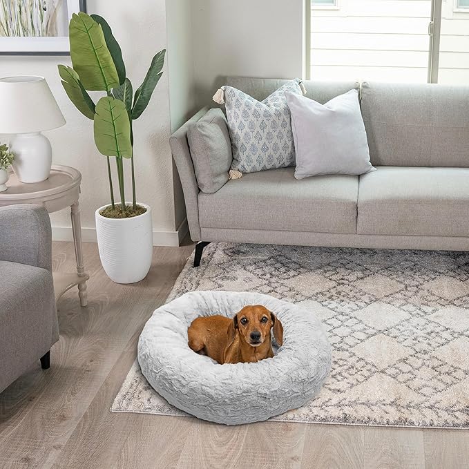 Best Friends by Sheri The Original Calming Donut Dog Bed for Small Dogs up to 25 lbs, Lux Faux Fur, Gray, 23" x 23"
