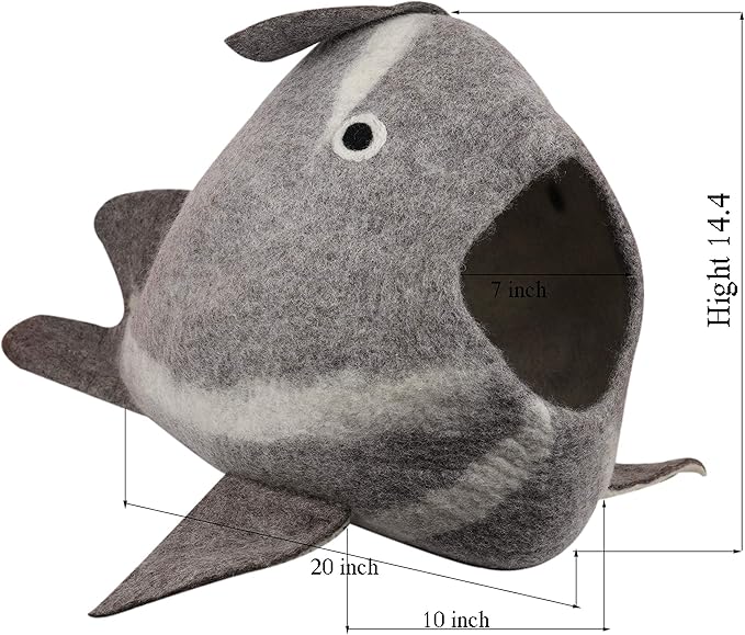 Whale Cat Cave — Felt Cat Cave Bed, Funny Cute Cat Bed, Handmade Wool Cat Cave for Indoor Cats, Fits 1 Large or 2 Small Cats, 20 x 14.5 Inch, Natural Wool Cat Hideaway