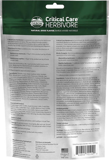 Oxbow Critical Care Herbivore, Emergency Guinea Pig Food, Rabbit Food for Recovery, Natural Anise Flavor, Critical Care for Guinea Pig Emergency Kit, 454 gram bag