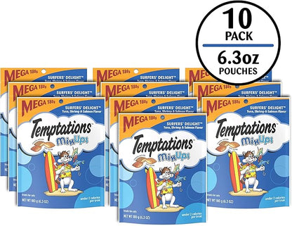Temptations Cat Treats MixUps Surfer's Delight, Tuna, Shrimp, Salmon Flavor, Crunchy and Soft Cat Treats, 6.3 oz. Pouch (Pack of 10)