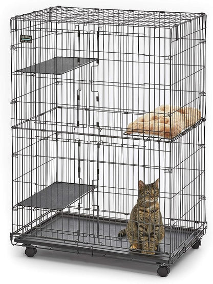 MidWest Homes for Pets Folding Metal Indoor Cat Playpen, Cage Includes Locking Wheels, 3 Platforms, Removable Tray, Plush Bed, Suited for 1-3 Cats