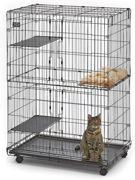 MidWest Homes for Pets Folding Metal Indoor Cat Playpen, Cage Includes Locking Wheels, 3 Platforms, Removable Tray, Plush Bed, Suited for 1-3 Cats