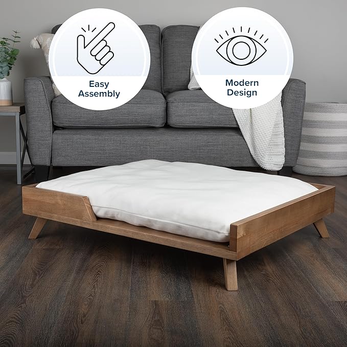 Elevated Dog Bed - 36” x 29.5” Indoor Pet Bed with Frame and Soft Cushion - Mid-Century Modern Wood Dog Bed for Medium to Large Pets by PETMAKER (Natural)