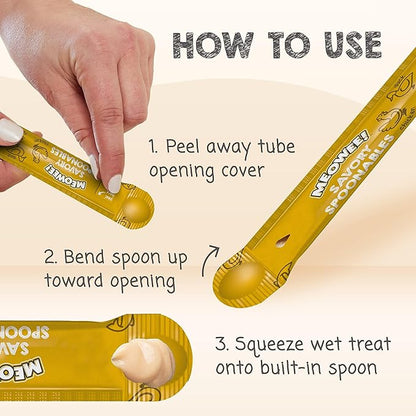 MEOWEE! Savory Spoonables with Real Chicken, Salmon and Duck for Cats, 8 Count, Treat Your Cat to Triple Flavor Squeezable Lickable Wet Treats with Built-in Spoon for Less Mess