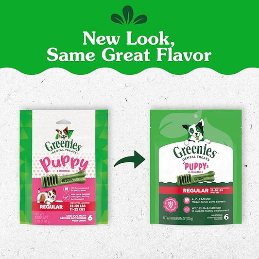Greenies Dental Treats for Dogs, Veterinarian-Recommended Natural Puppy Treats Regular Size, 6 oz. Pack, 6 Count