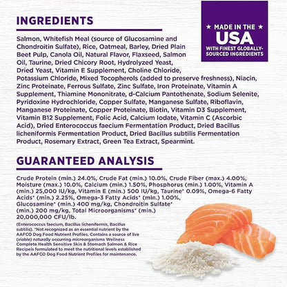 Wellness Complete Health Sensitive Skin and Stomach Dry Dog Food, Wholesome Grain Kibble, Natural, Chicken Free, Salmon and Rice Recipe, 38 lb Bag