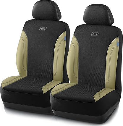 Skechers Car Seat Covers, Work Leather Seat Covers 5-Times Stronger Built-in Webbing, Oxford Fabric Front Seat Cover, Airbag Compatible, Automotive Comfort for Cars, Trucks, SUVs,Beige