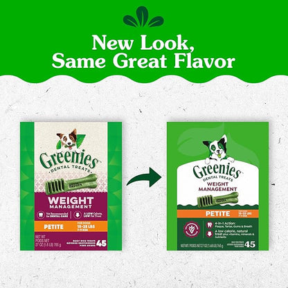 Greenies Veterinarian-Recommended Adult Natural Dental Dog Treats Petite Size, Weight Management Dog Dental Chews, 27 oz. Pack, 45 Count