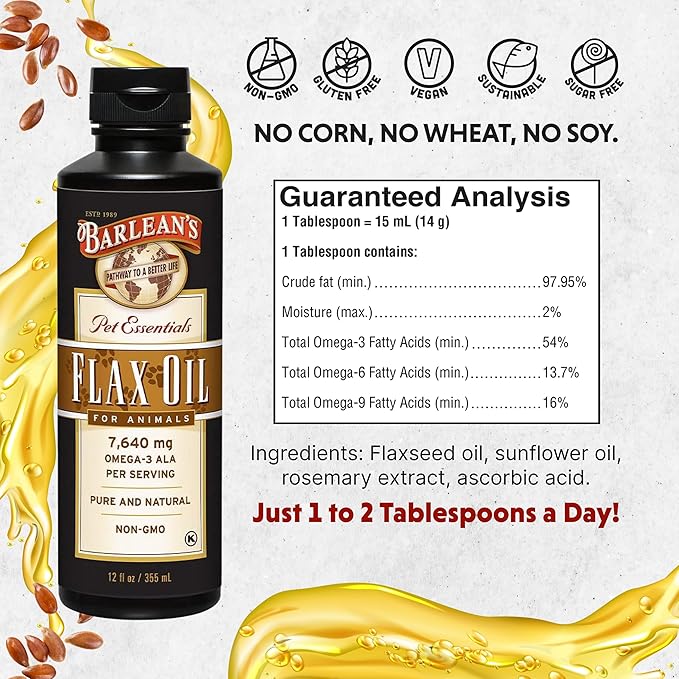 Barlean's Flaxseed Oil for Animals, Pet Essential Liquid Omega 3 Fatty Acids Cat and Dog Oil Supplements for Skin and Coat, Omega 3 for Dogs, Cats and Other Pets, 12 oz
