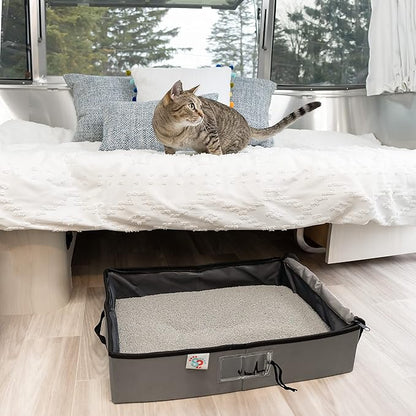 SportPet Designs Portable Travel Litter Box for Cats, Large Collapsible Litter Box with Zippered Lid, Water-Resistant & Leak-Resistant Cat Litter Tray for Travel, Gray