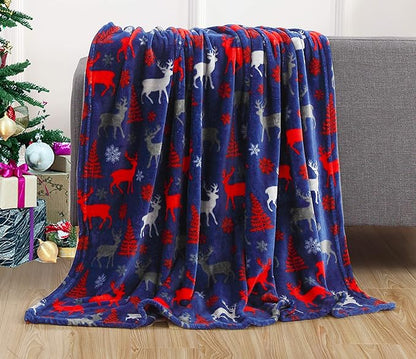Elegant Comfort Velvet Touch Ultra Plush Christmas Holiday Printed Fleece Throw/Blanket-50 x 60inch, (Moose)