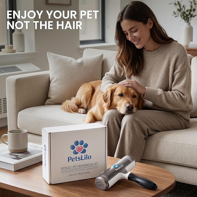 5-in-1 Kit Pet Hair Remover for Furniture & Couch - Reusable Lint Roller, Dog & Cat Fur Remover for Carpet, Car & Clothes, Mini Travel Roller, Grooming & Bath Brush Set for Sofa, Upholstery & Bedding