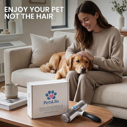 5-in-1 Kit Pet Hair Remover for Furniture & Couch - Reusable Lint Roller, Dog & Cat Fur Remover for Carpet, Car & Clothes, Mini Travel Roller, Grooming & Bath Brush Set for Sofa, Upholstery & Bedding