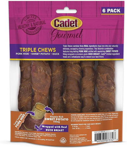 Cadet Gourmet Triple Chews Pork Hide, Sweet Potato, & Duck Dog Treats - Healthy Dog Treats for Small & Large Dogs - Inspected & Tested in USA (6 Count)
