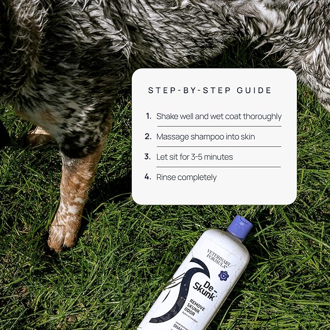 De-Skunk Odor Destroying Shampoo for Dogs, 32 oz. – Formulated with Powerful De-Greasers, Skunk Odor Remover for Pets, Carpet, Furniture and More – Removes Skunk Smell Fast