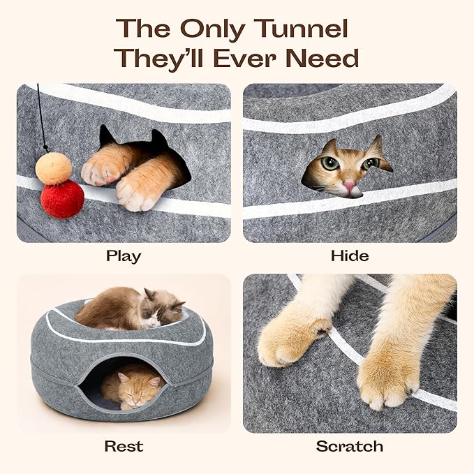 Meowfia Scratch-Resistant Felt Cat Cave – Donut Tunnel Bed Enclosure for Indoor Cats – Multi-Cat Hideaway in Cute Patterns (Light Grey)