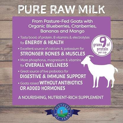 Shepherd Boy Farms Freeze Dried Raw Goats Milk with Probiotics for Dogs & Cats (Super Fruits), Organic USA Fruit, Digestible Goat Milk Powder, Raw Nutrition, High Protein Food Toppers - Makes 32 FL OZ