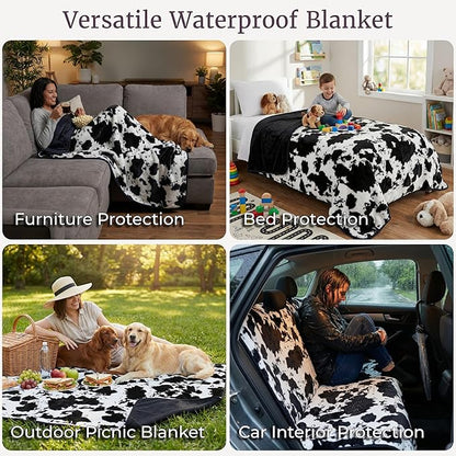 Waterproof Blanket for Bed, Couch, or Car - 60” x 80” Reversible Queen Size Throw Blanket for Reliable Leakproof Furniture Protection - Washable Pet Throws by Lavish Home (Cow Print)