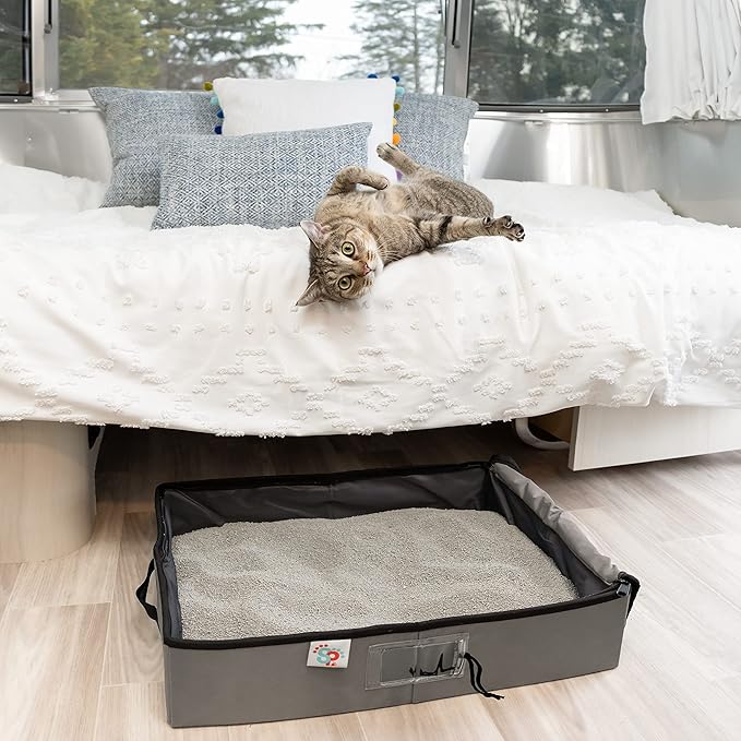 SportPet Designs Portable Travel Litter Box for Cats, Large Collapsible Litter Box with Zippered Lid, Water-Resistant & Leak-Resistant Cat Litter Tray for Travel, Gray