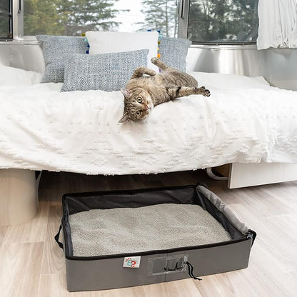 SportPet Designs Portable Travel Litter Box for Cats, Large Collapsible Litter Box with Zippered Lid, Water-Resistant & Leak-Resistant Cat Litter Tray for Travel, Gray
