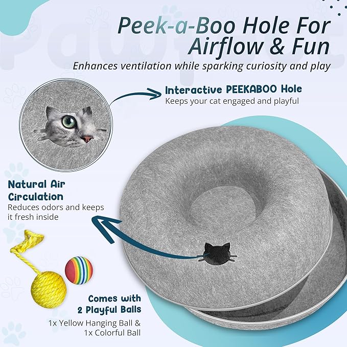 MEOWMATES Peekaboo Cat Tunnel Bed with Hanging Ball Toy – Large Cat Tunnels for Indoor Cats up to 30lbs – Round Cat's cave Bed with Scratch-Resistant, Easy to Wash & Cozy Design (24x24x11)