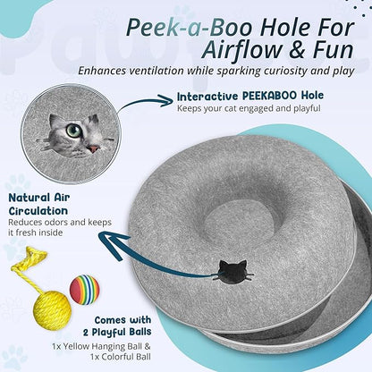MEOWMATES Peekaboo Cat Tunnel Bed with Hanging Ball Toy – Large Cat Tunnels for Indoor Cats up to 30lbs – Round Cat's cave Bed with Scratch-Resistant, Easy to Wash & Cozy Design (24x24x11)