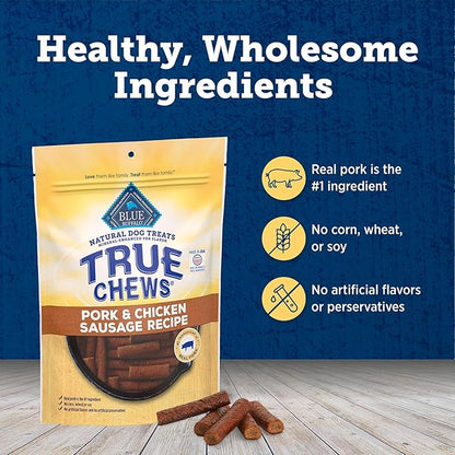 Blue Buffalo True Chews Dog Treats, Made in the USA with Natural Ingredients, Pork and Chicken Sausage Recipe, 14-oz Bag