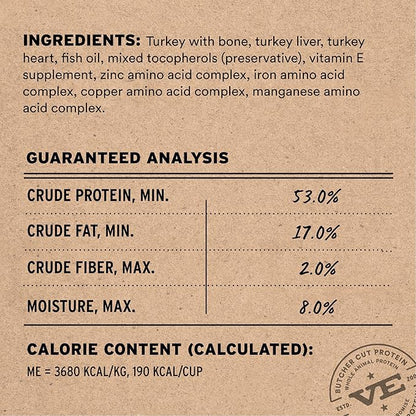 Vital Essentials Freeze Dried Cat Food, Raw Turkey Crunchy Mini Nibs | Complete Meal or Topper | 96% Turkey, Organs & Bone | Limited Ingredient, High Protein, Grain Free Dry Cat Food | 8 oz Bag