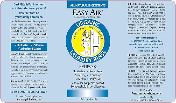 Easy Air Organic Allergy Relief Laundry Rinse, Hypoallergenic & Fragrance Free, Eliminate Odors. Asthma & Allergy Safe for Babies & Pets - 32 Fl Oz