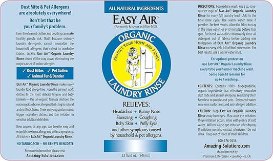 Easy Air Organic Allergy Relief Laundry Rinse, Hypoallergenic & Fragrance Free, Eliminate Odors. Asthma & Allergy Safe for Babies & Pets - 32 Fl Oz