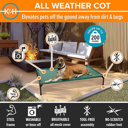 K&H Outdoor Elevated Dog Bed - Cooling Raised Dog Bed for Medium & Large Pets, Breathable Mesh Hammock Design, Indoor/Outdoor Washable Cover, Portable Metal Frame, Green, Large 42x30in