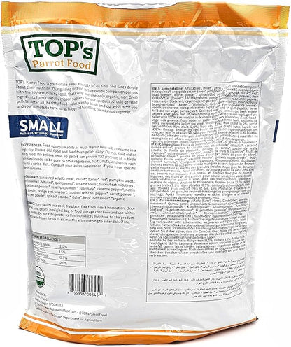 TOP's Parrot Food Bird Pellets for Small Hookbills - Non-GMO, Peanut Soy & Corn Free, USDA Organic Certified (1lb)