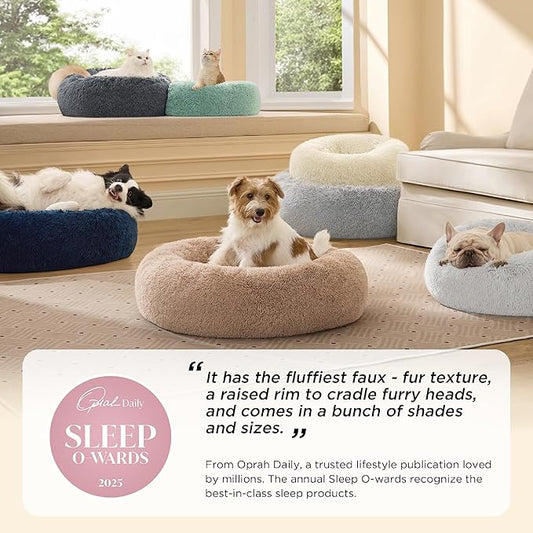 Bedsure Calming Dog Bed for Medium Large Dogs - Donut Washable Large Pet Bed, 33 inches Anti-Slip Round Fluffy Plush Faux Fur Dog Bed, Dark Grey