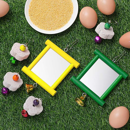 Sumind 2 Pieces Chicken Mirror Toys Hanging Swing Mirror with Bell Wooden Pecking Toy and 4 Pieces Beak Grinding Molar Stones for Hens Birds Parrots(Yellow,Green)