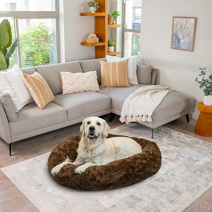 Best Friends by Sheri The Original Calming Donut Dog Bed for Large Dogs up to 100 lbs, Lux Faux Fur, Dark Brown, Large, 36" x 36"