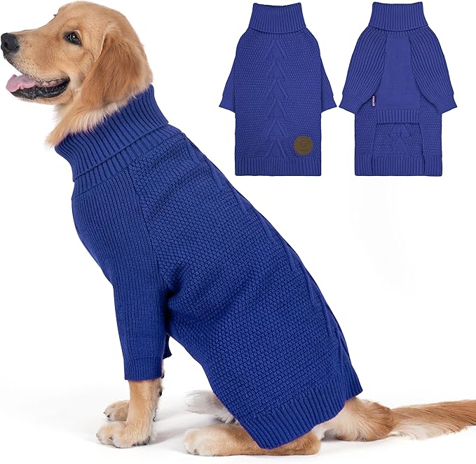 cyeollo Dog Sweater Pullover Turtleneck for Large Dogs, Classic Knitwear Fall Winter Cold Weather Dog Clothes Warm Pet Apparel Small Medium Large Doggie Sweaters, Royal Blue 2XL