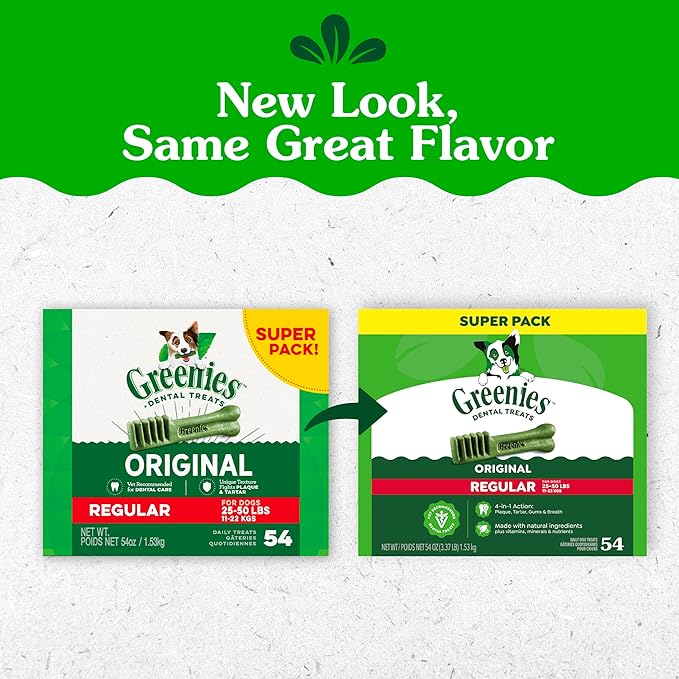 Greenies Veterinarian-Recommended Adult Natural Dental Dog Treats Regular Size, Dog Dental Chews, Original Flavor, 54 oz. Pack, 54 Count