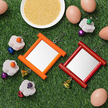 Sumind 2 Pieces Chicken Mirror Toys Hanging Swing Mirror with Bell Wooden Pecking Toy and 4 Pieces Beak Grinding Molar Stones for Hens Birds Parrots (Red,Orange)