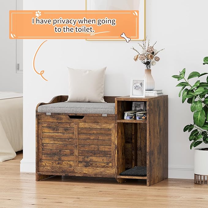 Cat Litter Box Enclosures Large Hidden Cat Litter Box Furniture Enclosure w/Top Opening Door, Wooden End Table Pet House w/Storage Shelf, Cushion & Mat, Dog Proof Design for Easy Cleaning