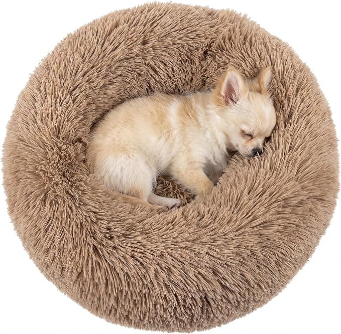 Tiny Dog Bed 15 Inch for Extra Small Dogs,Washable Puppy Bed,Soft Faux Fur Calming Donut Bed for Chihuahua Yorkie Maltese Pomeranian,Brown