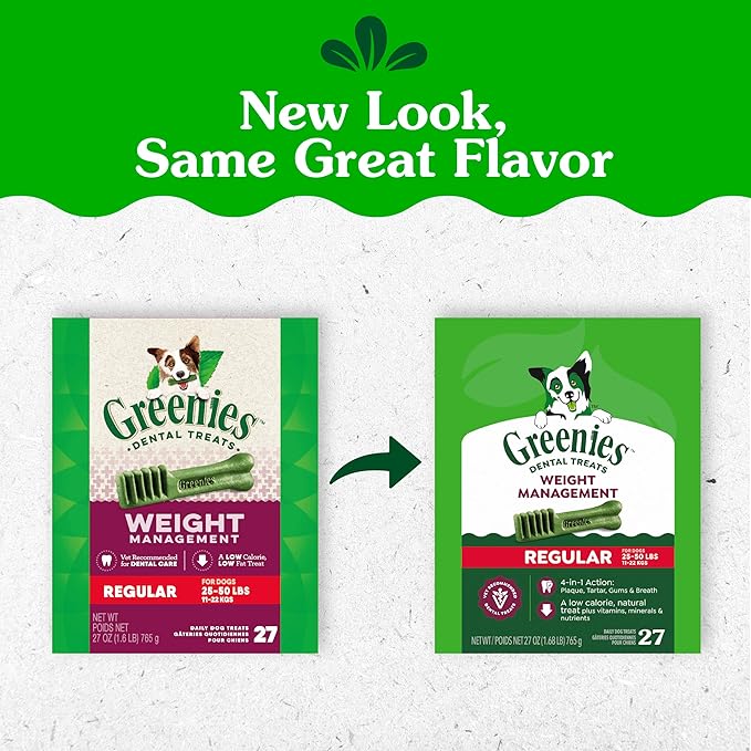Greenies Veterinarian-Recommended Adult Natural Dental Dog Treats Regular Size, Weight Management Dog Dental Chews, 27 oz. Pack, 27 Count